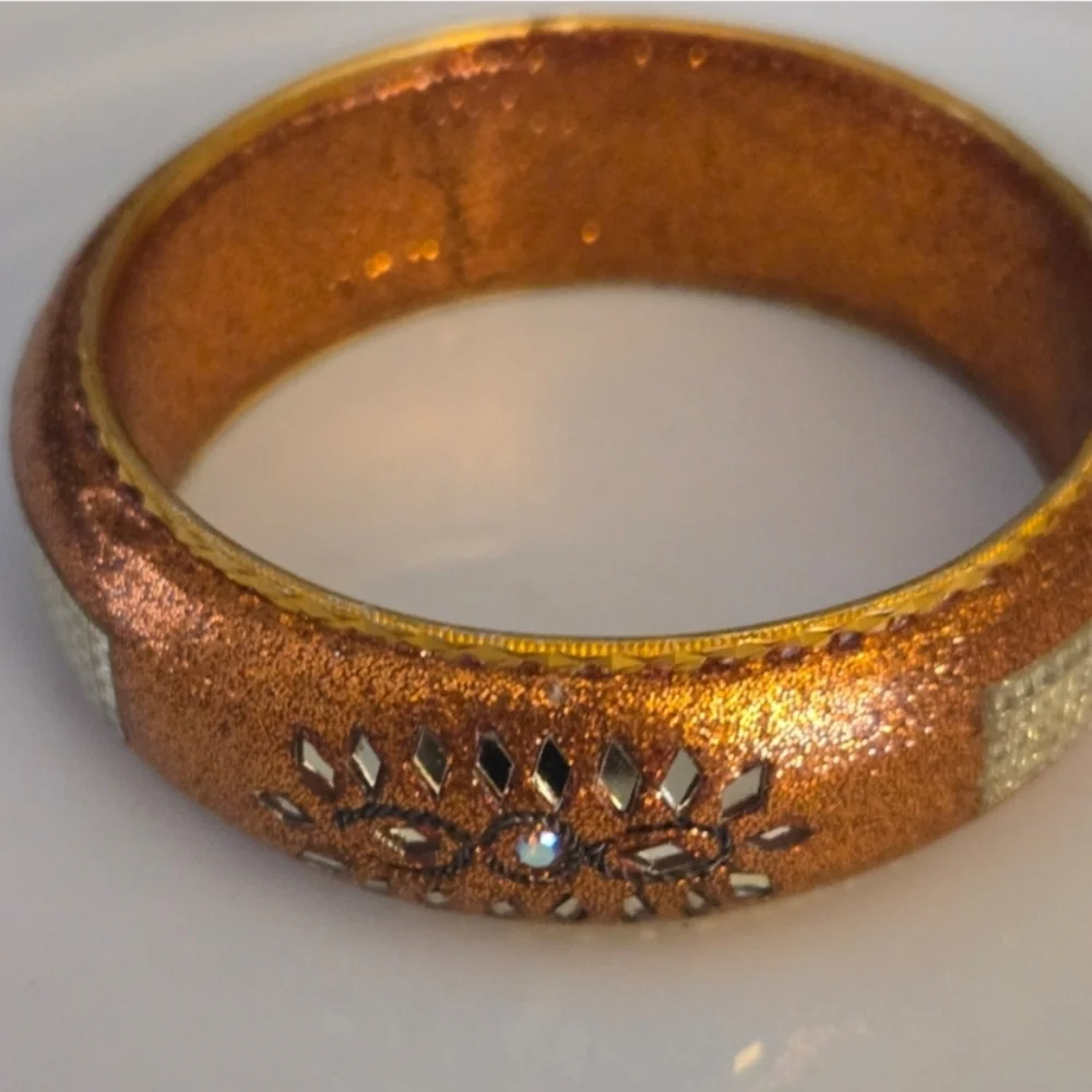 Chic Coppertone and Silver Etched Bangle Bracelet  Vintage